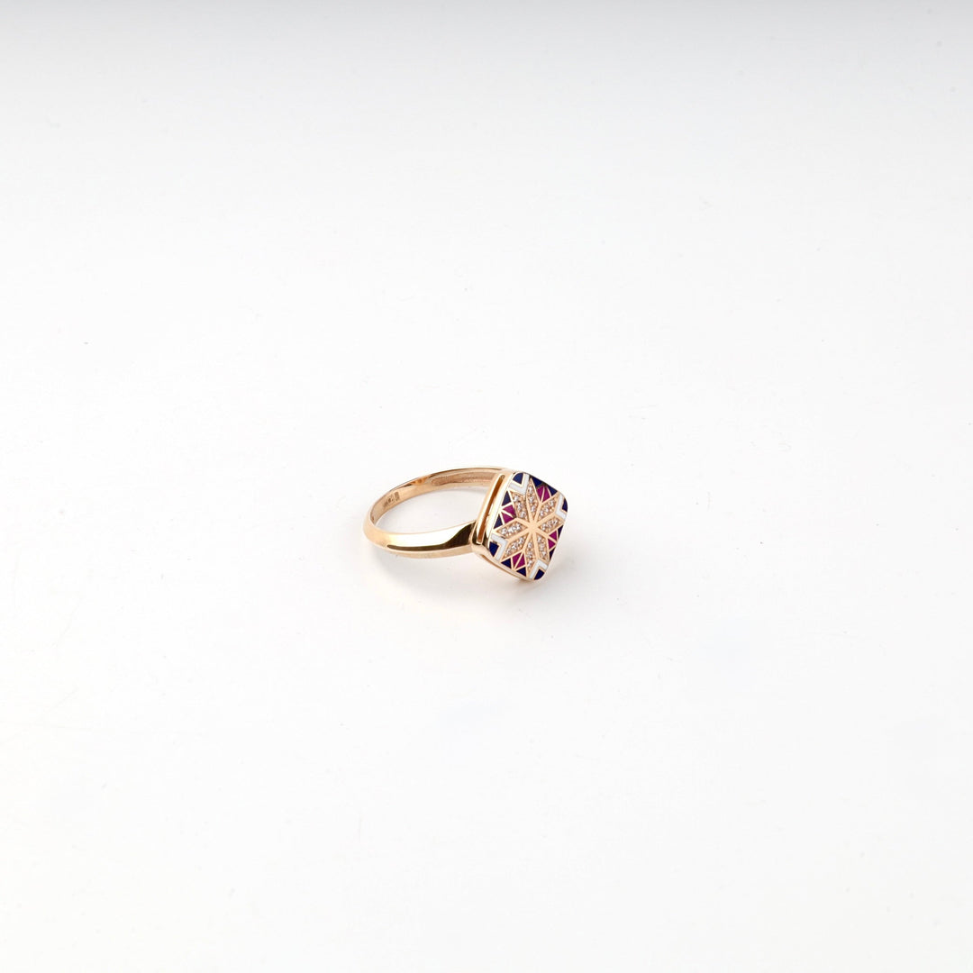 Rose Gold 14K (585) Enamel and Cubic Zirconia Ukrainian Ornament Ring | Ukrainian Jewelry