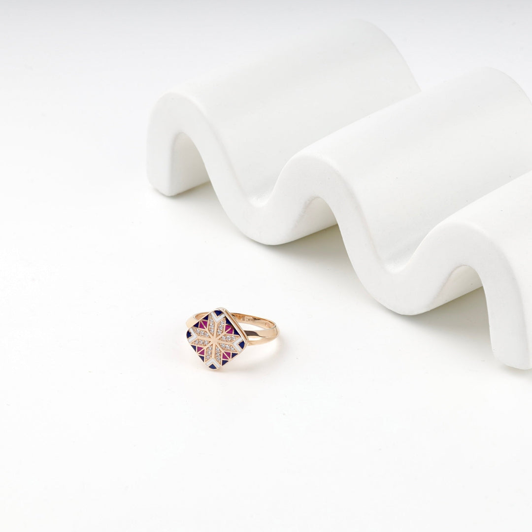 Rose Gold 14K (585) Enamel and Cubic Zirconia Ukrainian Ornament Ring | Ukrainian Jewelry