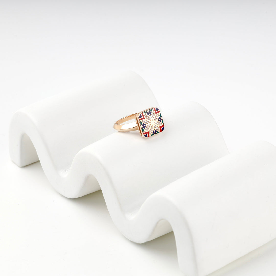 Rose Gold 14K (585) Enamel and Cubic Zirconia Ukrainian Ornament Ring | Ukrainian Jewelry