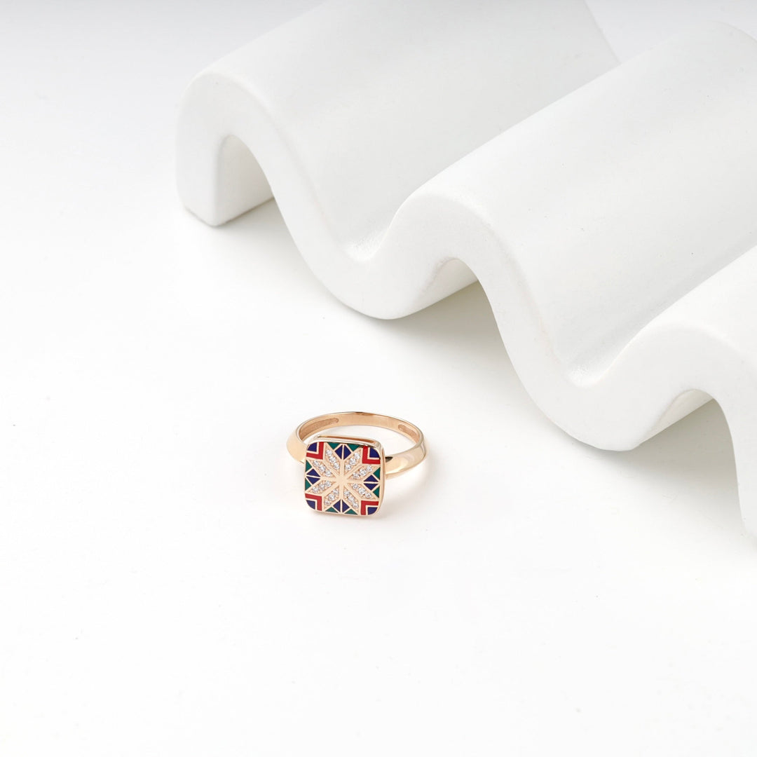 Rose Gold 14K (585) Enamel and Cubic Zirconia Ukrainian Ornament Ring | Ukrainian Jewelry