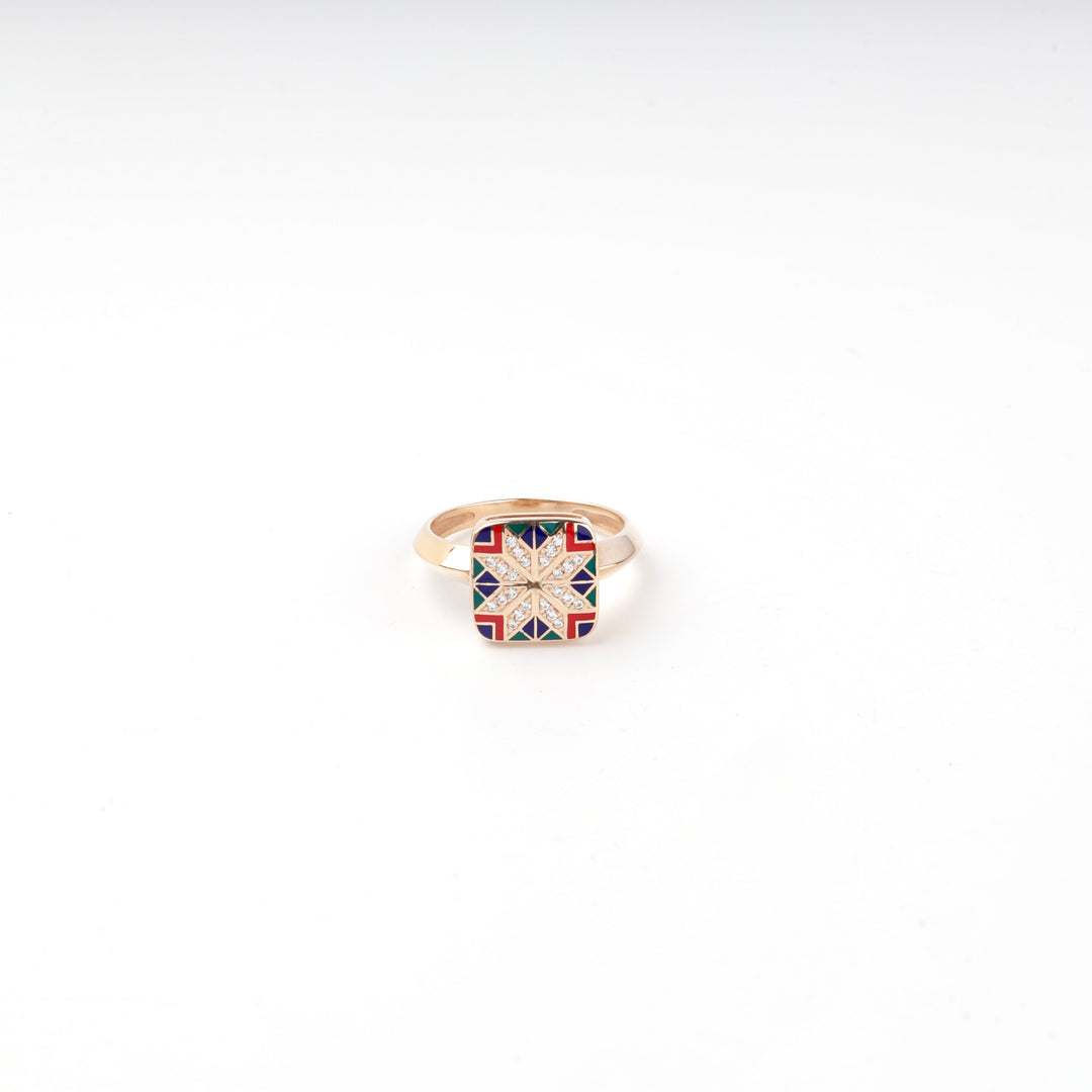 Rose Gold 14K (585) Enamel and Cubic Zirconia Ukrainian Ornament Ring | Ukrainian Jewelry