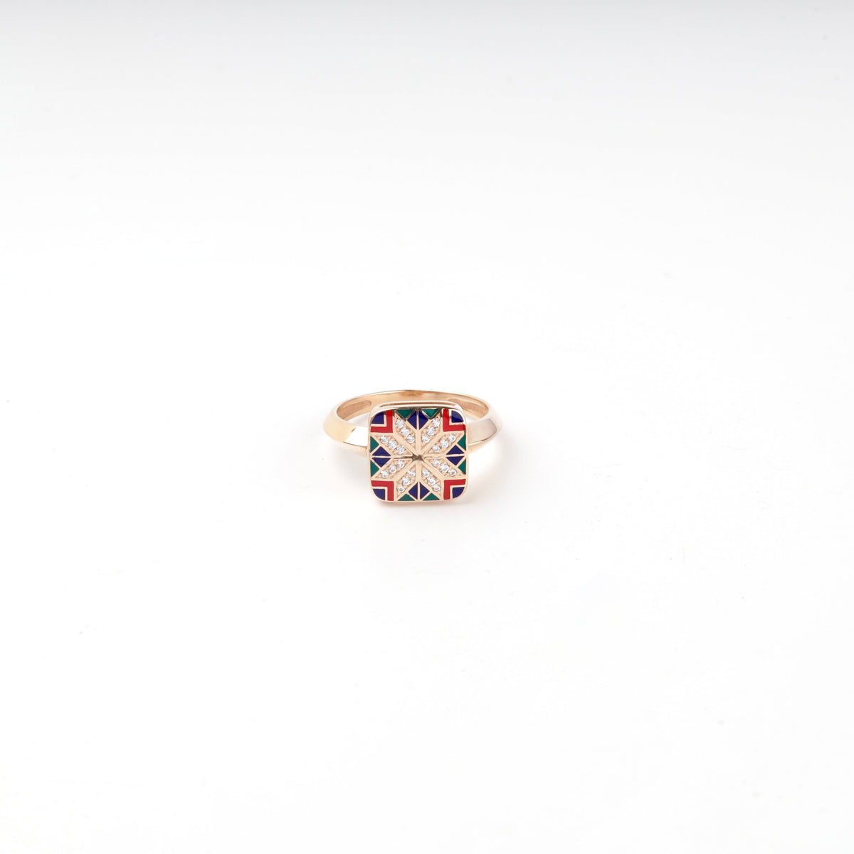 Rose Gold 14K (585) Enamel and Cubic Zirconia Ukrainian Ornament Ring | Ukrainian Jewelry