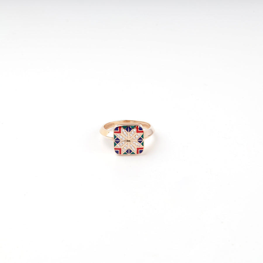 Rose Gold 14K (585) Enamel and Cubic Zirconia Ukrainian Ornament Ring | Ukrainian Jewelry