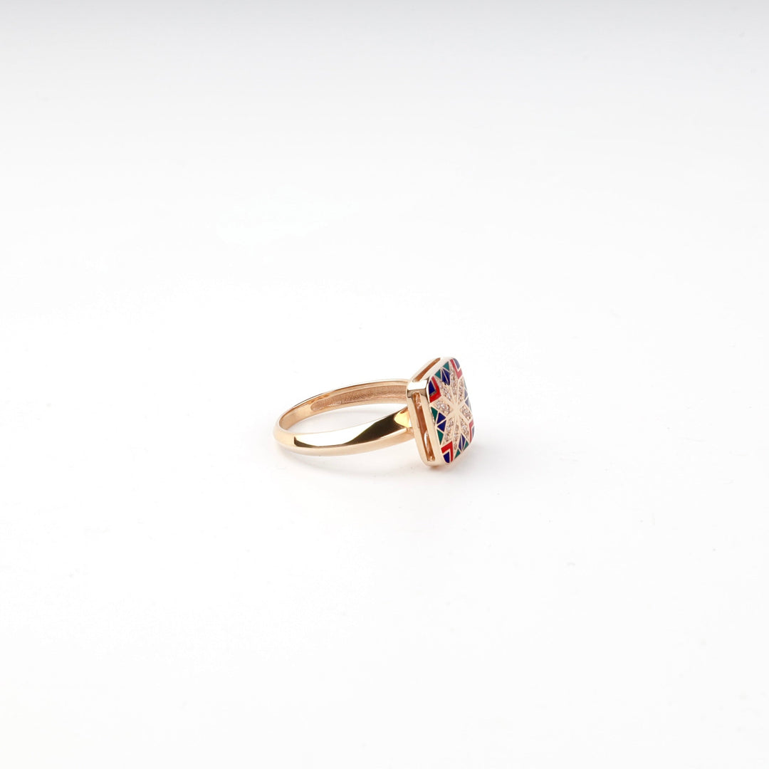 Rose Gold 14K (585) Enamel and Cubic Zirconia Ukrainian Ornament Ring | Ukrainian Jewelry