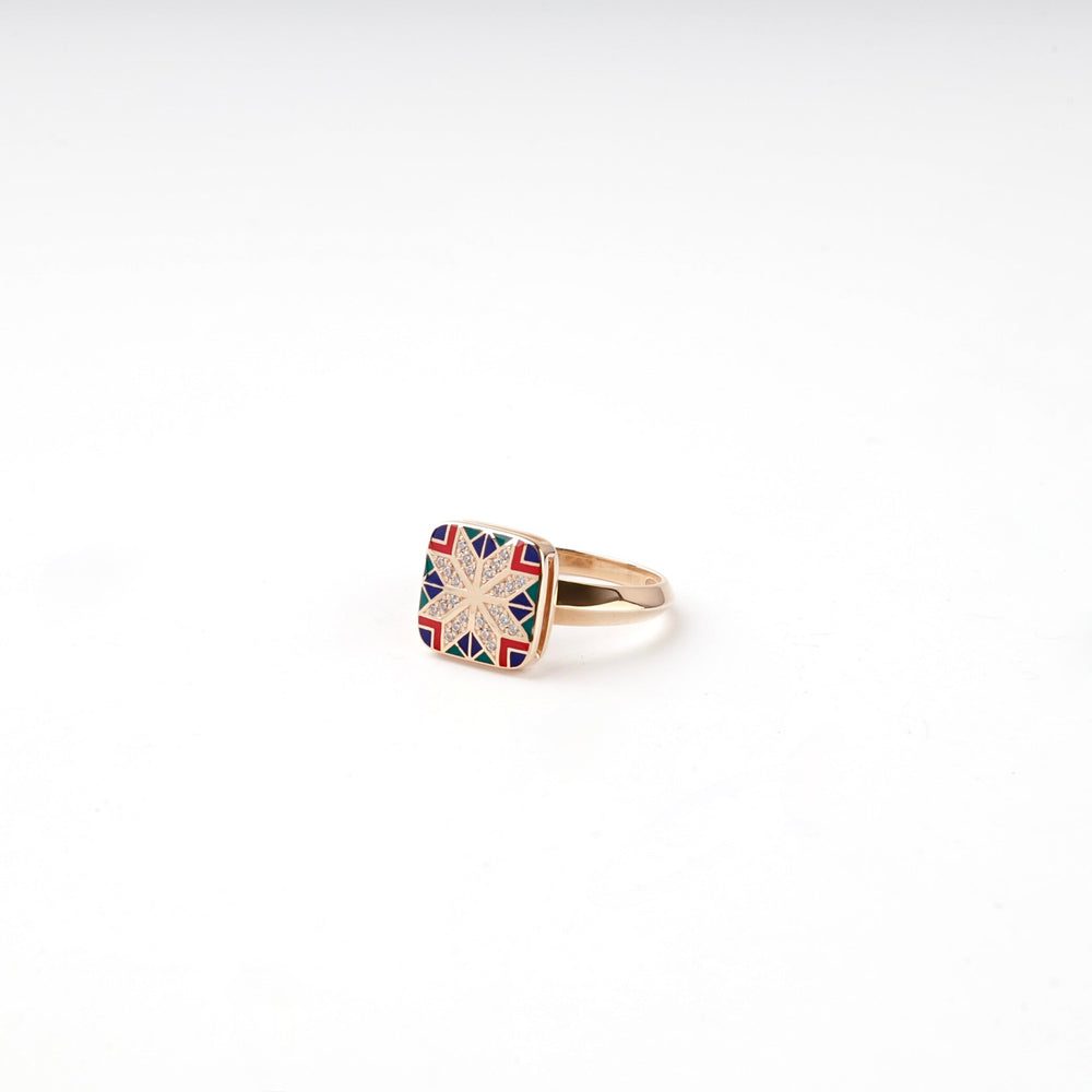 Rose Gold 14K (585) Enamel and Cubic Zirconia Ukrainian Ornament Ring | Ukrainian Jewelry