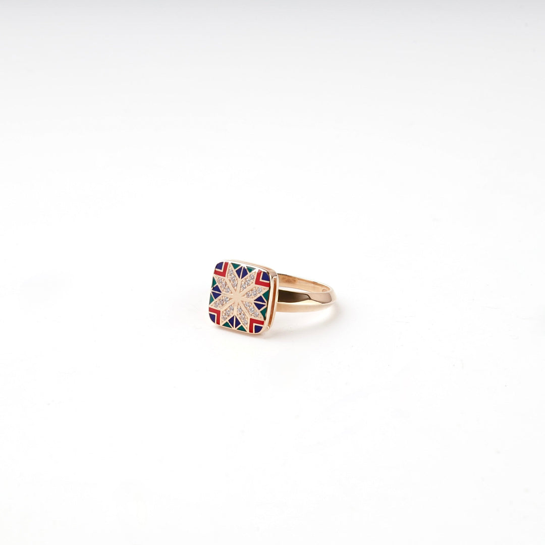 Rose Gold 14K (585) Enamel and Cubic Zirconia Ukrainian Ornament Ring | Ukrainian Jewelry