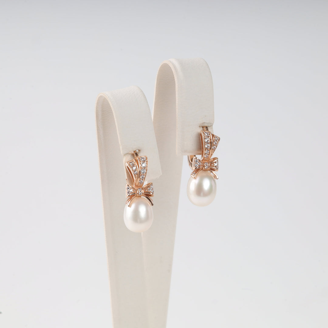 Pearl Bow Drop Earrings 14K (585) Rose Gold with Zirconia | Ukrainian Jewelry