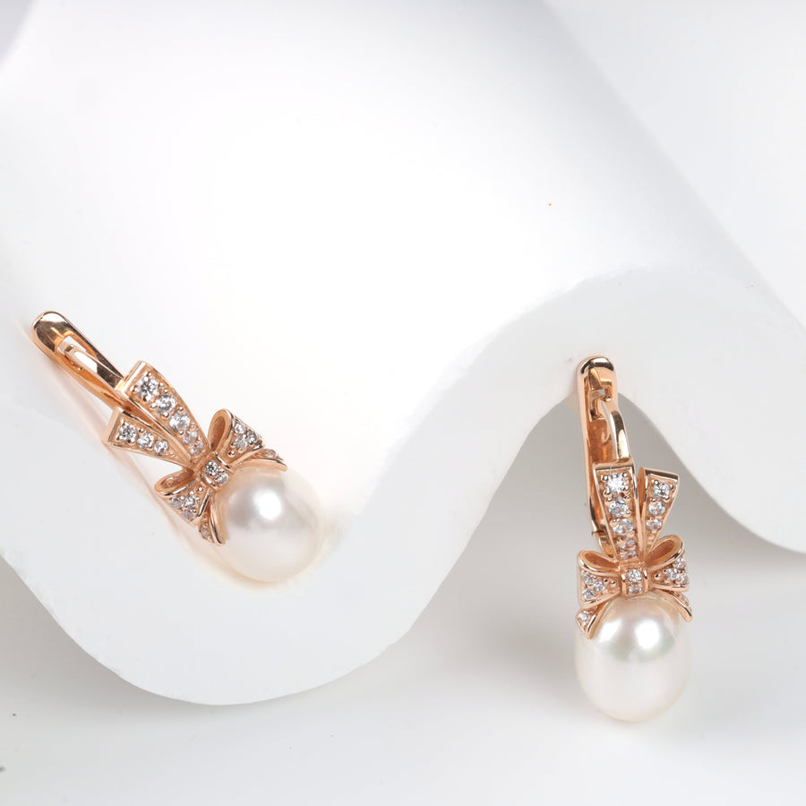 Pearl Bow Drop Earrings 14K (585) Rose Gold with Zirconia | Ukrainian Jewelry