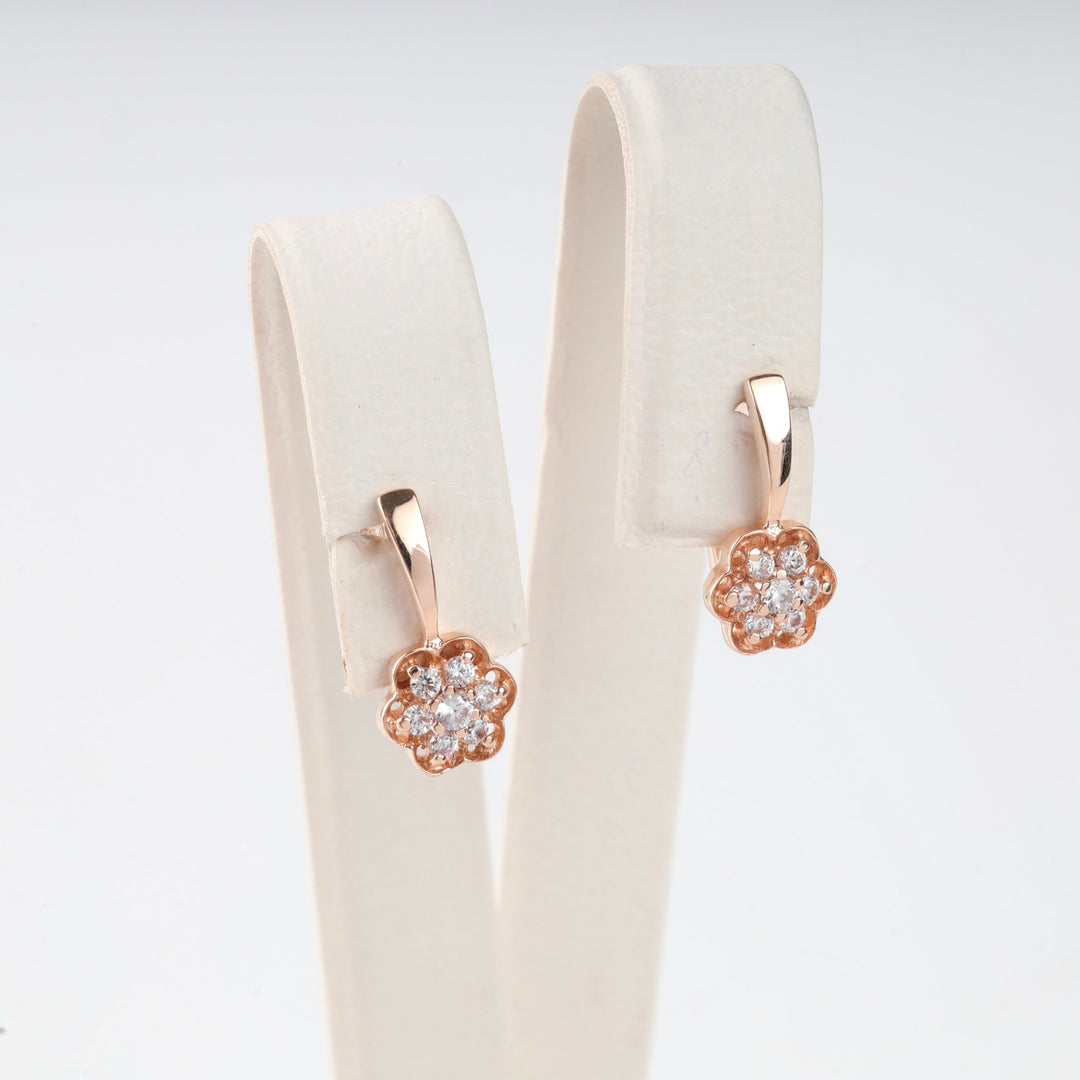 Rose Gold 585 Flower Cluster Earrings with Cubic Zirconia | Ukrainian Jewelry