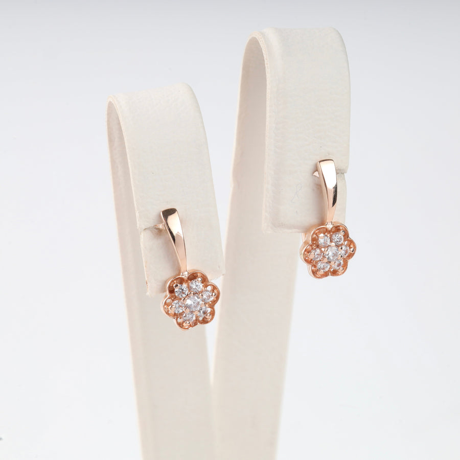 Rose Gold 585 Flower Cluster Earrings with Cubic Zirconia | Ukrainian Jewelry