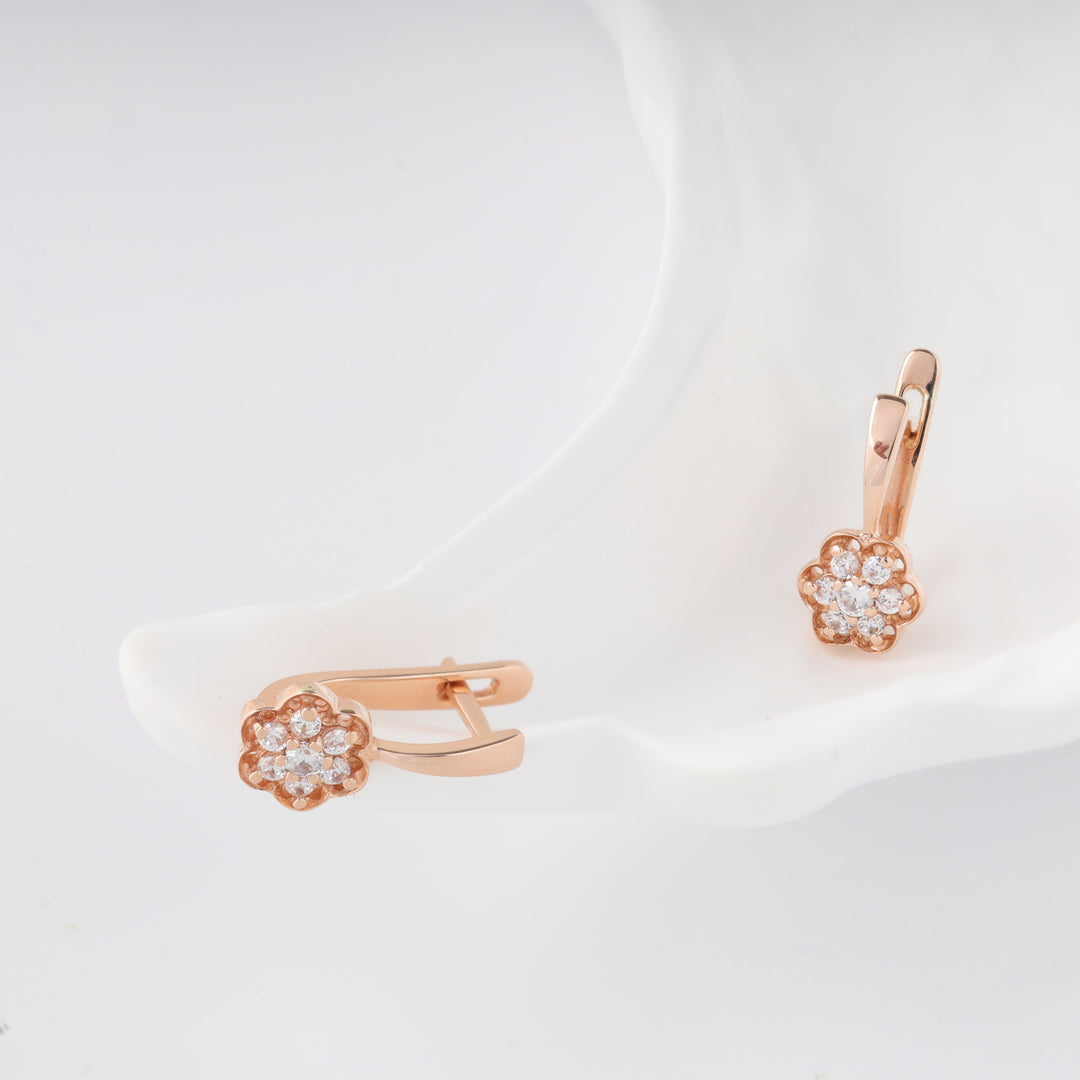 Rose Gold 585 Flower Cluster Earrings with Cubic Zirconia | Ukrainian Jewelry