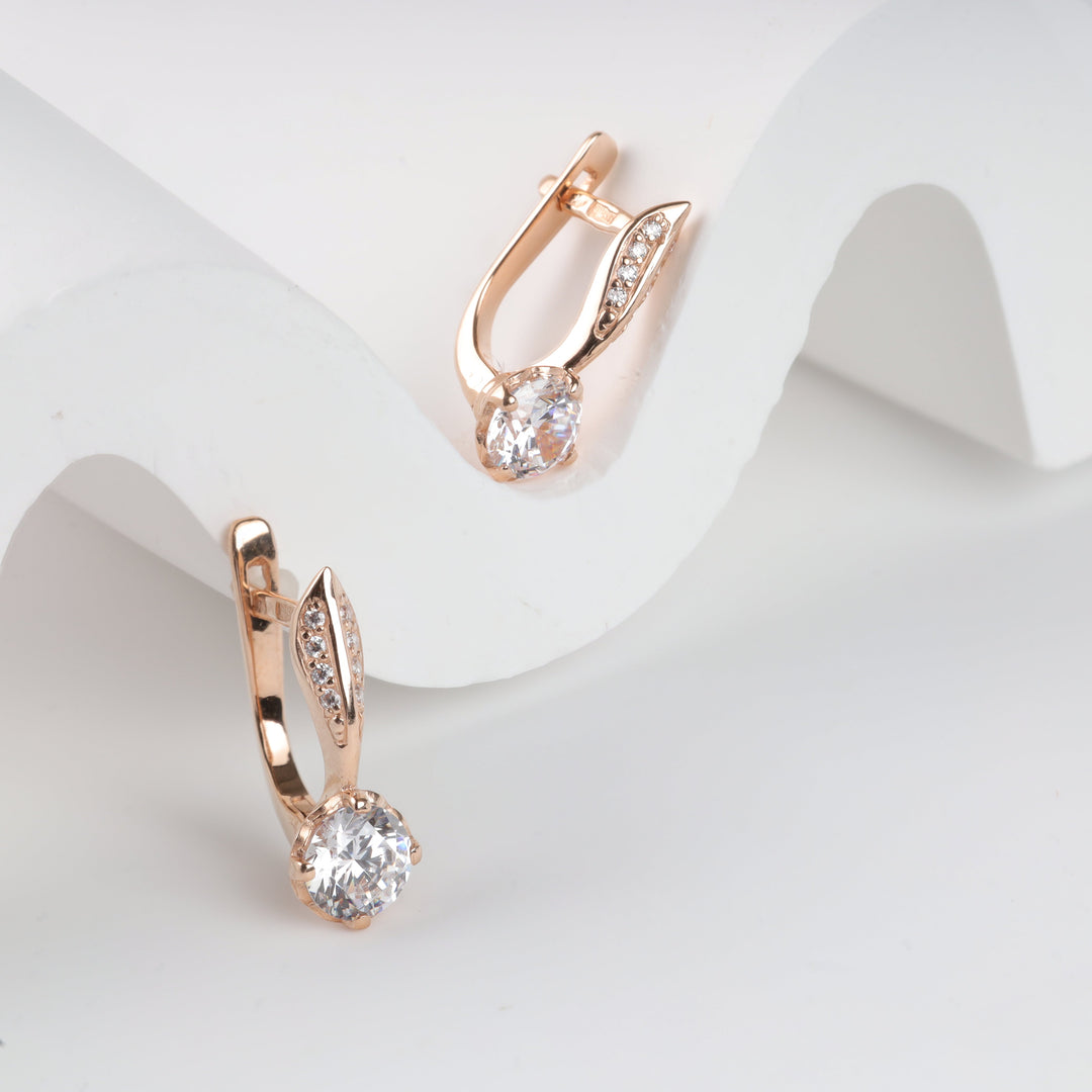 Rose Gold 585 Earrings with Solitaire and Pavé Cubic Zirconia | Ukrainian Jewelry