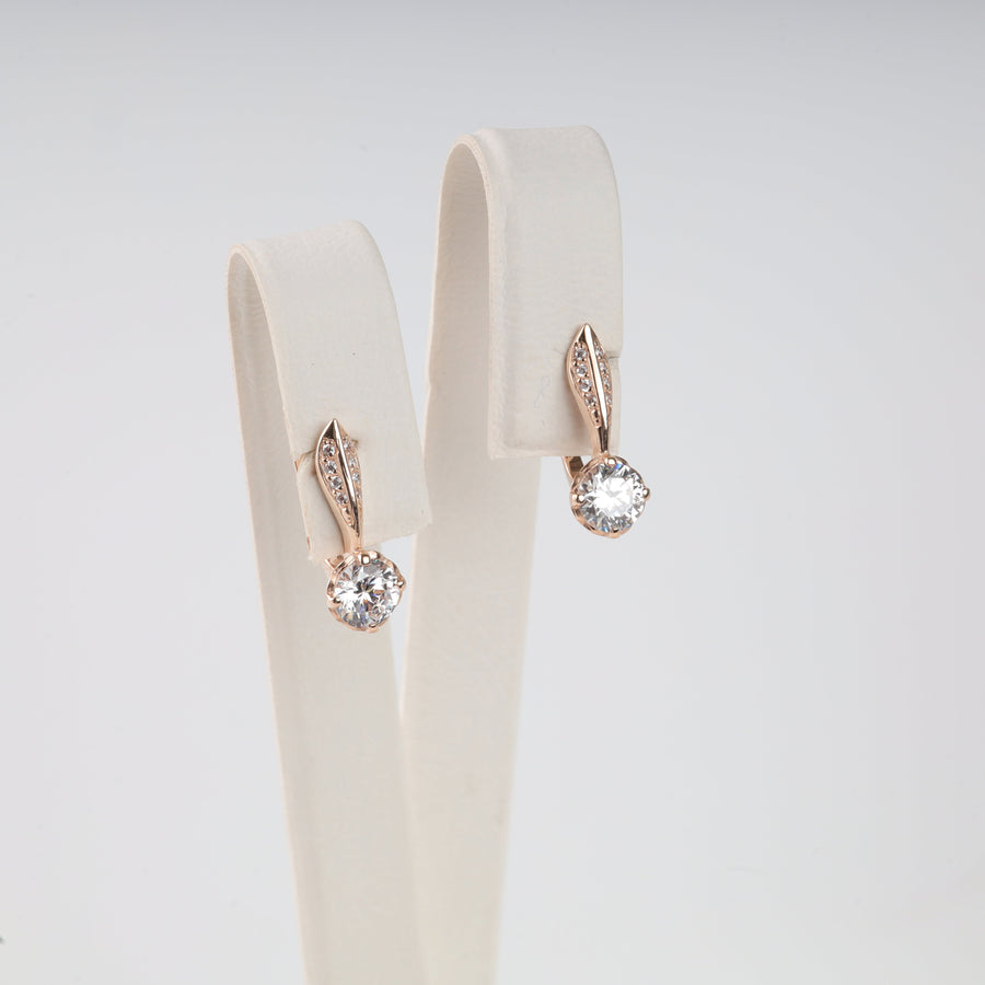 Rose Gold 585 Earrings with Solitaire and Pavé Cubic Zirconia | Ukrainian Jewelry
