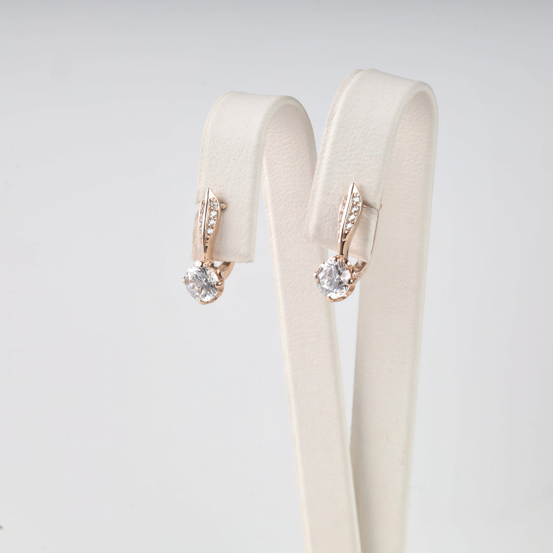 Rose Gold 585 Earrings with Solitaire and Pavé Cubic Zirconia | Ukrainian Jewelry