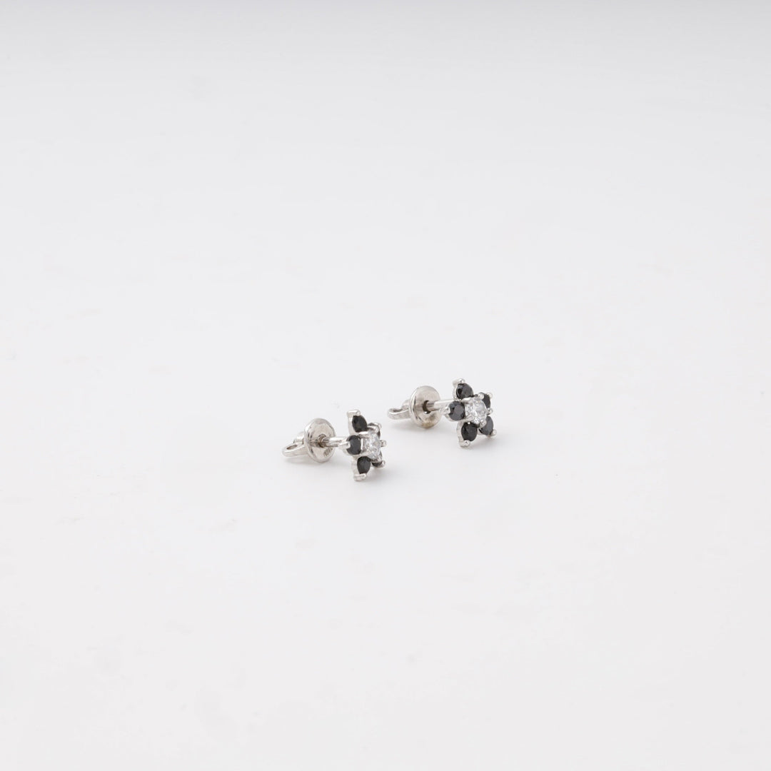 Silver 925 Flower Stud Earrings with Black and White Cubic Zirconia | Ukrainian Jewelry