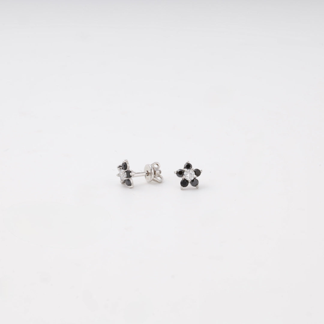Silver 925 Flower Stud Earrings with Black and White Cubic Zirconia | Ukrainian Jewelry