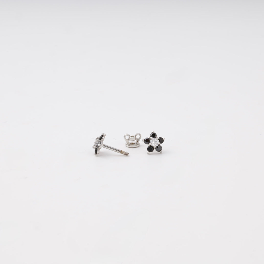 Silver 925 Flower Stud Earrings with Black and White Cubic Zirconia | Ukrainian Jewelry