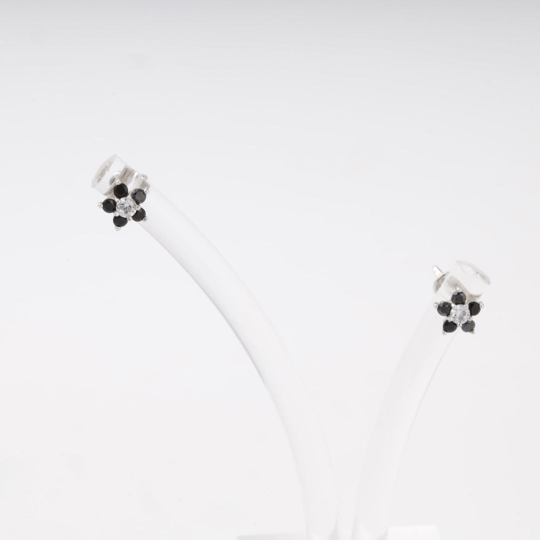 Silver 925 Flower Stud Earrings with Black and White Cubic Zirconia | Ukrainian Jewelry