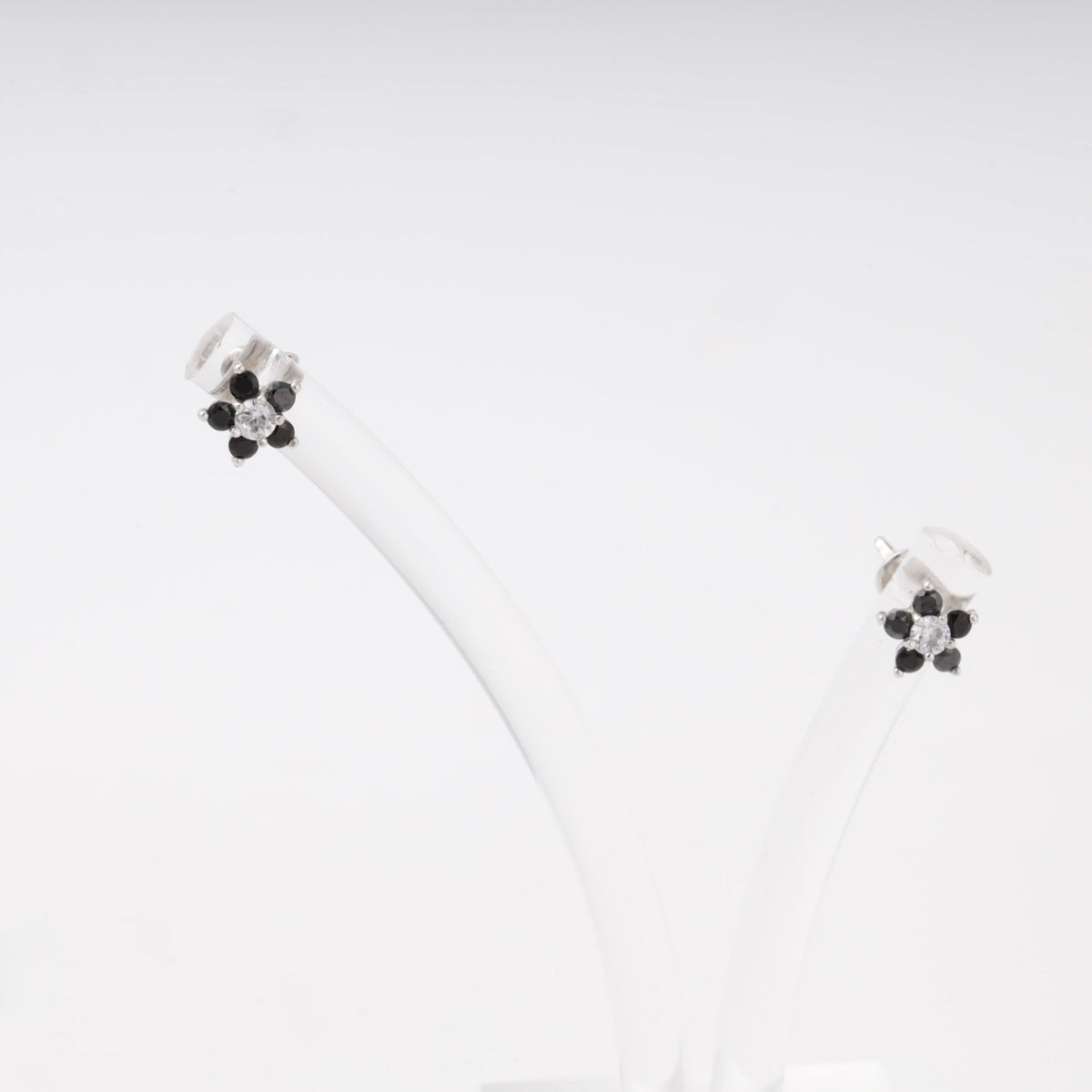Silver 925 Flower Stud Earrings with Black and White Cubic Zirconia | Ukrainian Jewelry