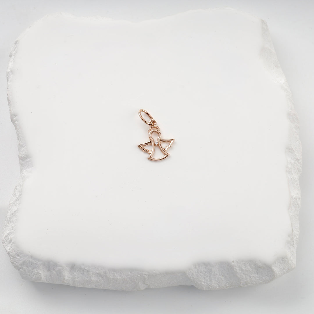 Rose gold openwork guardian angel pendant with cubic zirconia, front view