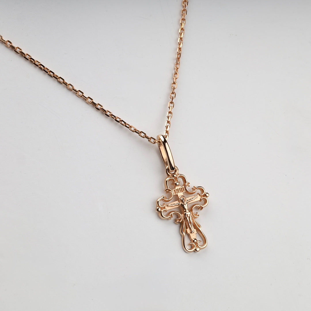Rose Gold 14K (585) Openwork Orthodox Crucifix Pendant | Ukrainian Jewelry
