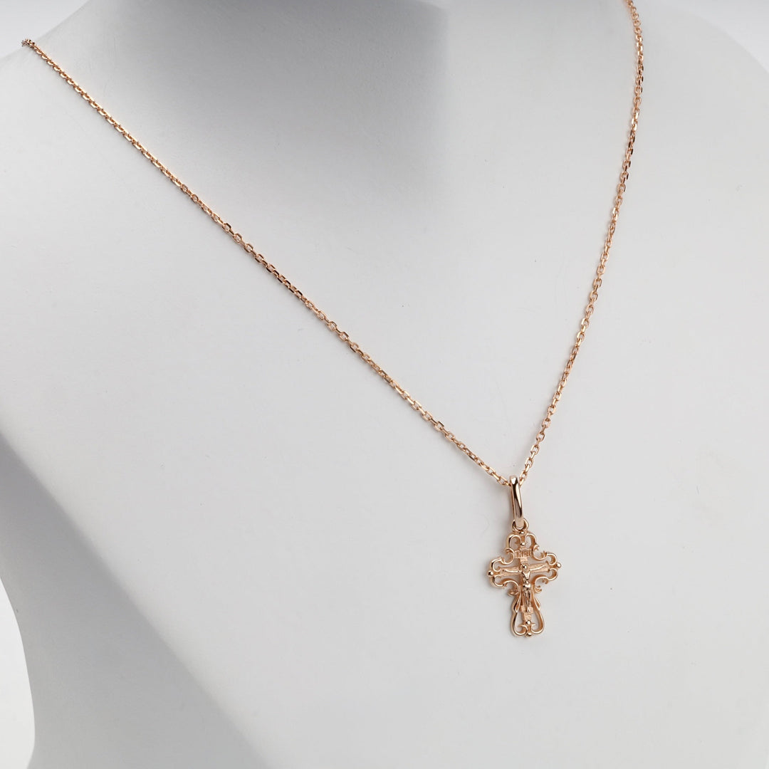 Rose Gold 14K (585) Openwork Orthodox Crucifix Pendant | Ukrainian Jewelry