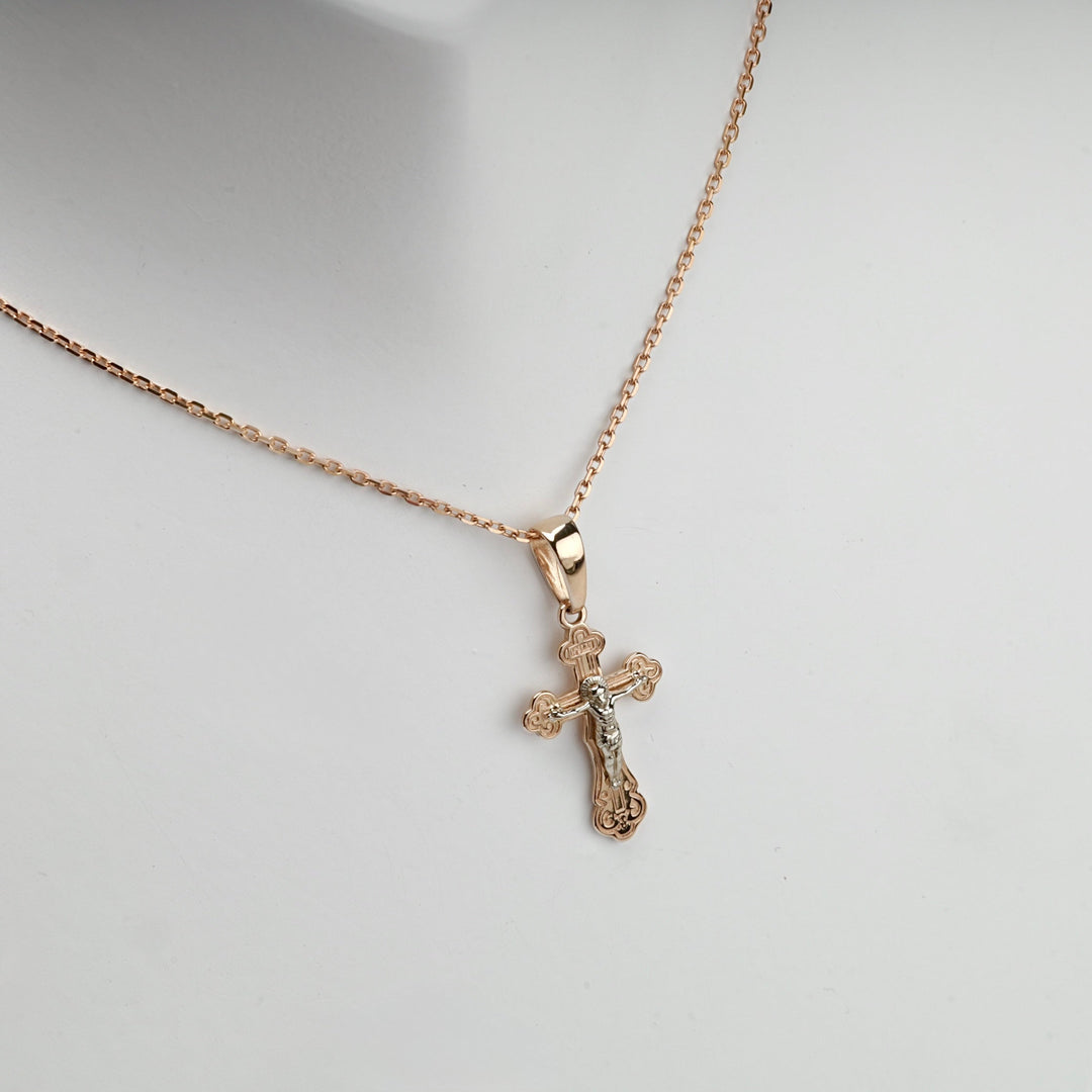 Two-Tone Gold 14K (585) Ornate Orthodox Crucifix Pendant | Ukrainian Jewelry