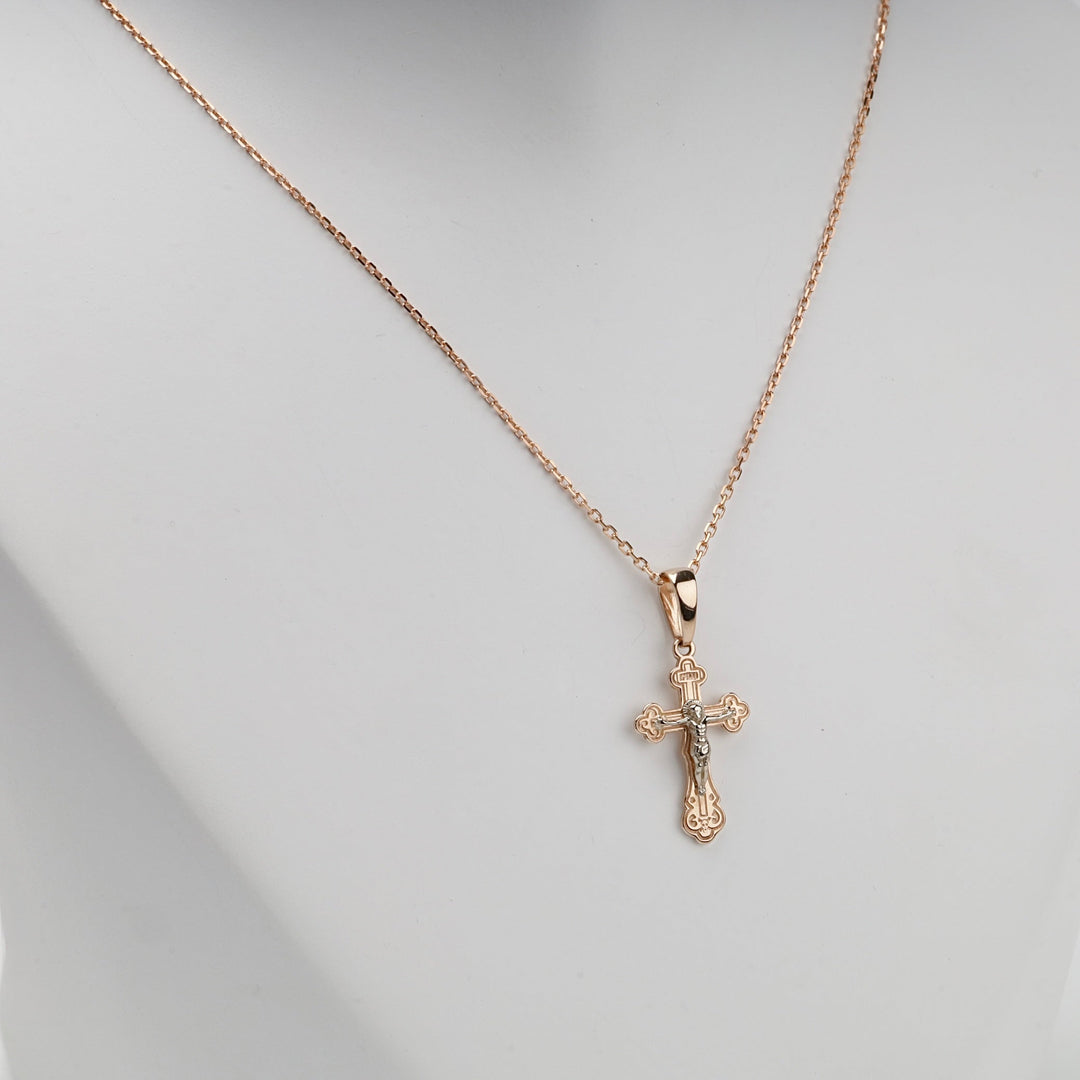 Two-Tone Gold 14K (585) Ornate Orthodox Crucifix Pendant | Ukrainian Jewelry