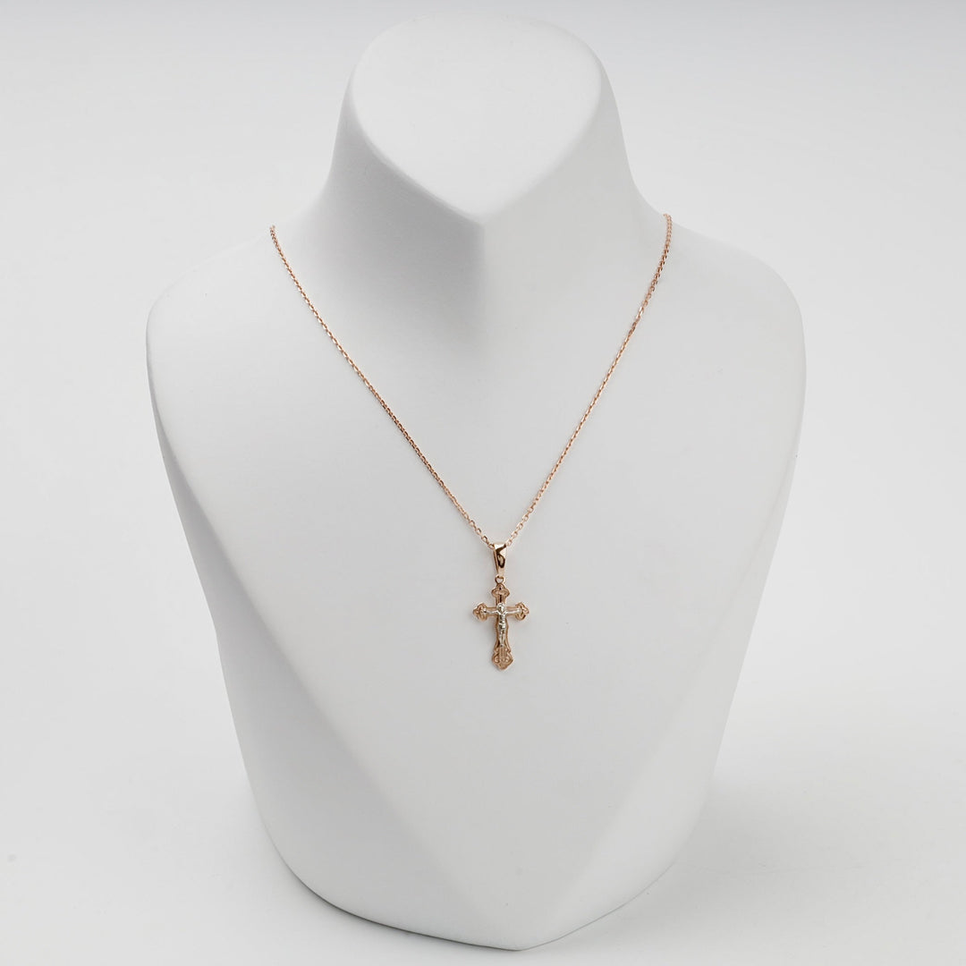 Two-Tone Gold 14K (585) Ornate Orthodox Crucifix Pendant | Ukrainian Jewelry