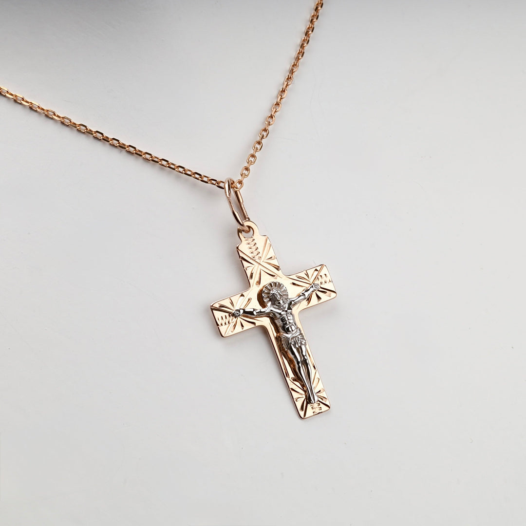Two-Tone Gold 14K (585) Engraved Orthodox Crucifix Pendant | Ukrainian Jewelry