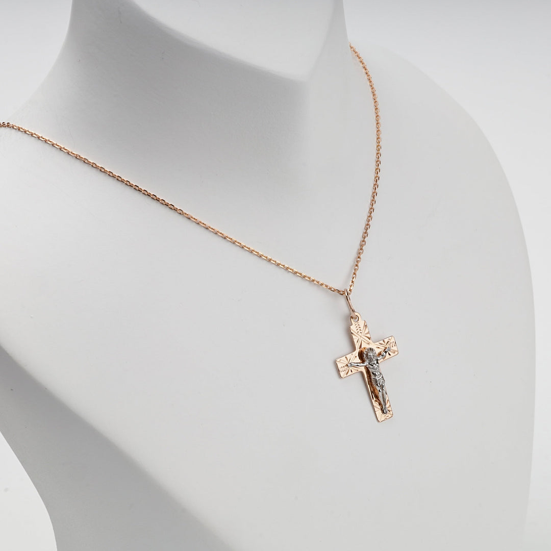 Two-Tone Gold 14K (585) Engraved Orthodox Crucifix Pendant | Ukrainian Jewelry