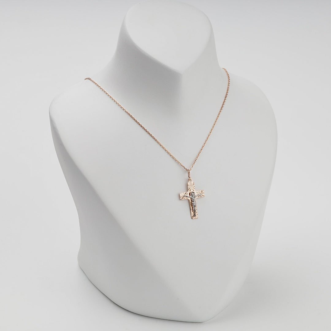 Two-Tone Gold 14K (585) Engraved Orthodox Crucifix Pendant | Ukrainian Jewelry