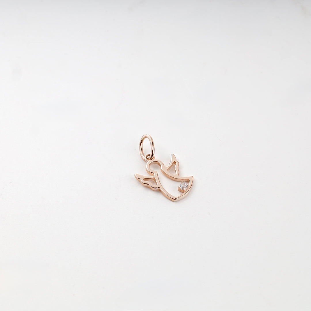 Rose gold openwork angel pendant with raised wings and cubic zirconia, front view
