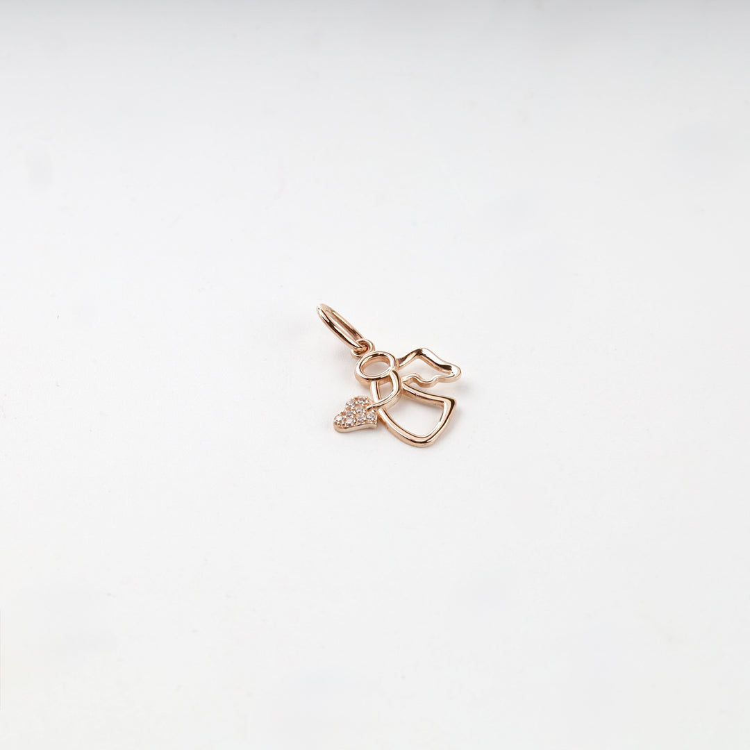 Rose gold openwork angel pendant with a pavé cubic zirconia heart, front view