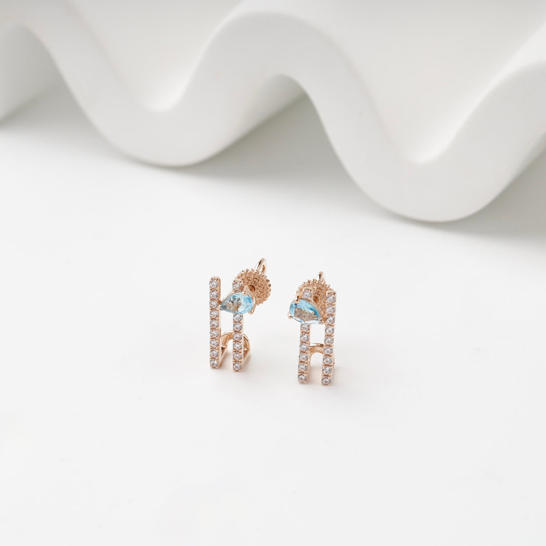 Geometric Stud Earrings with Blue Topaz | 14K Rose Gold (585) — measurement view