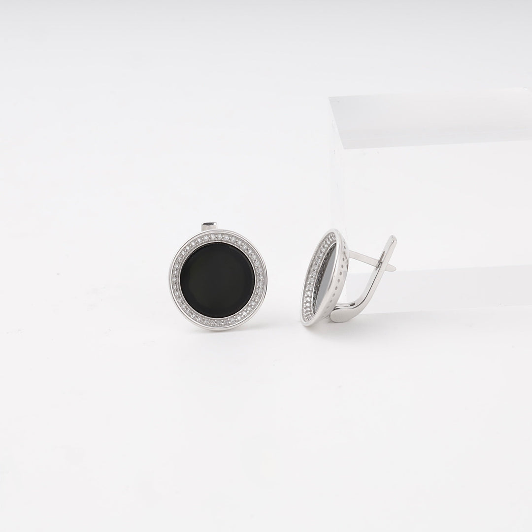 Silver 925 Round Onyx Earrings with Cubic Zirconia Halo | Ukrainian Jewelry