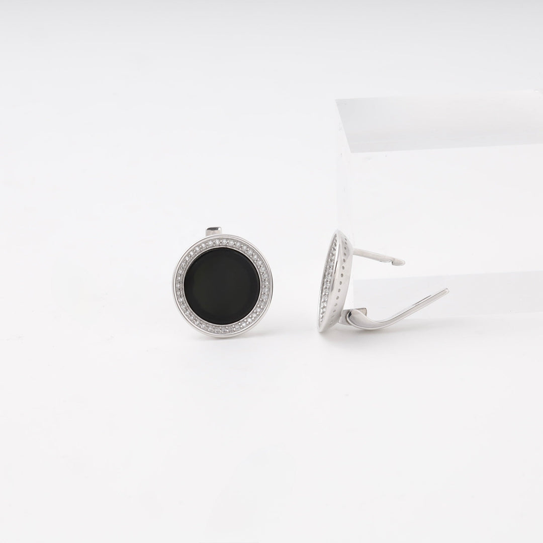 Silver 925 Round Onyx Earrings with Cubic Zirconia Halo | Ukrainian Jewelry
