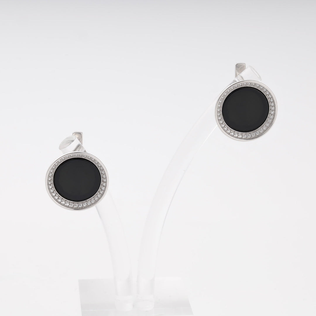 Silver 925 Round Onyx Earrings with Cubic Zirconia Halo | Ukrainian Jewelry