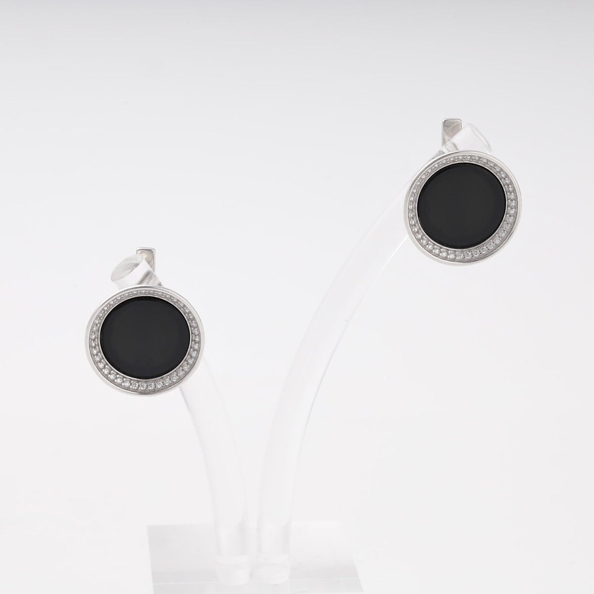 Silver 925 Round Onyx Earrings with Cubic Zirconia Halo | Ukrainian Jewelry