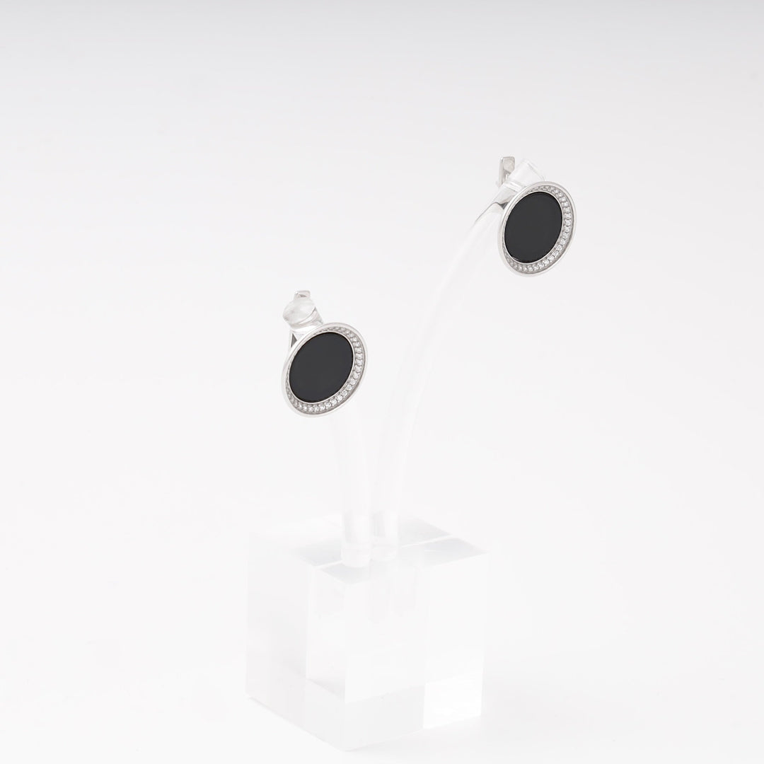 Silver 925 Round Onyx Earrings with Cubic Zirconia Halo | Ukrainian Jewelry