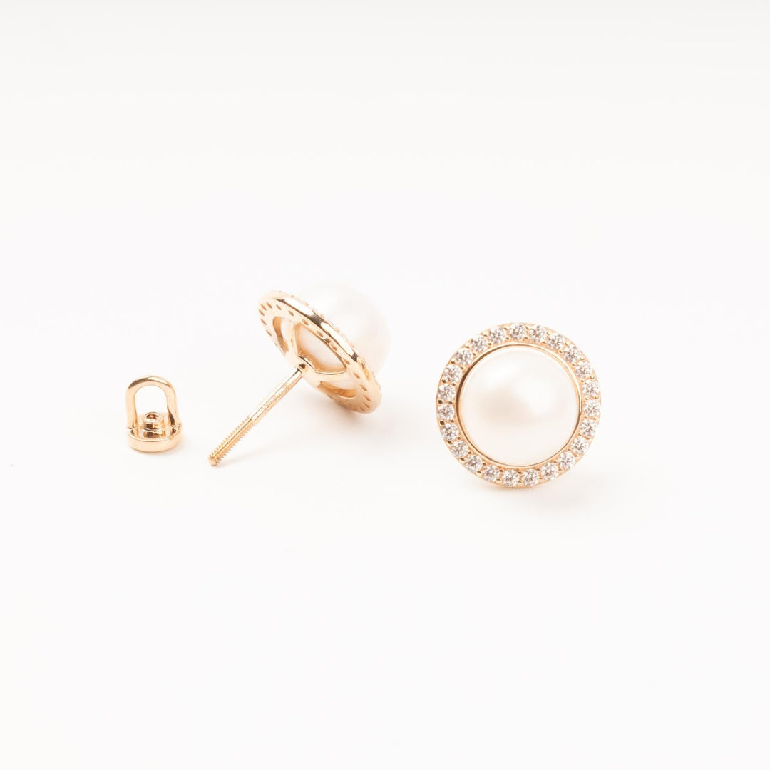 Rose Gold Pearl Stud Earrings with Cubic Zirconia Halo | Ukrainian Jewelry