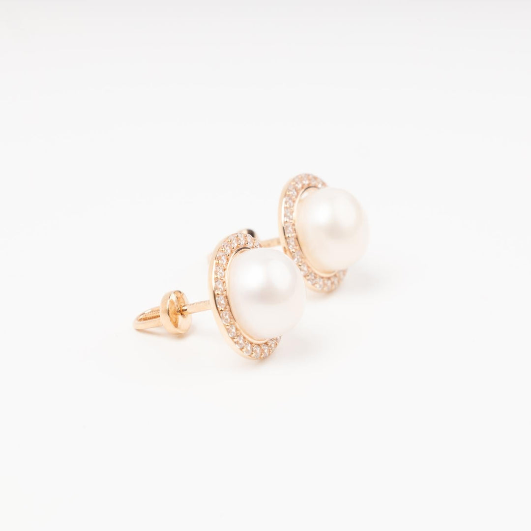 Rose Gold Pearl Stud Earrings with Cubic Zirconia Halo | Ukrainian Jewelry