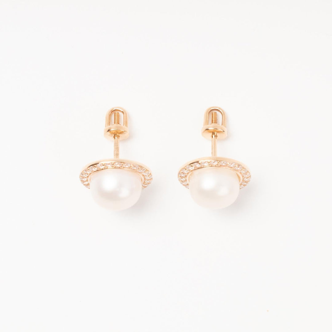 Rose Gold Pearl Stud Earrings with Cubic Zirconia Halo | Ukrainian Jewelry