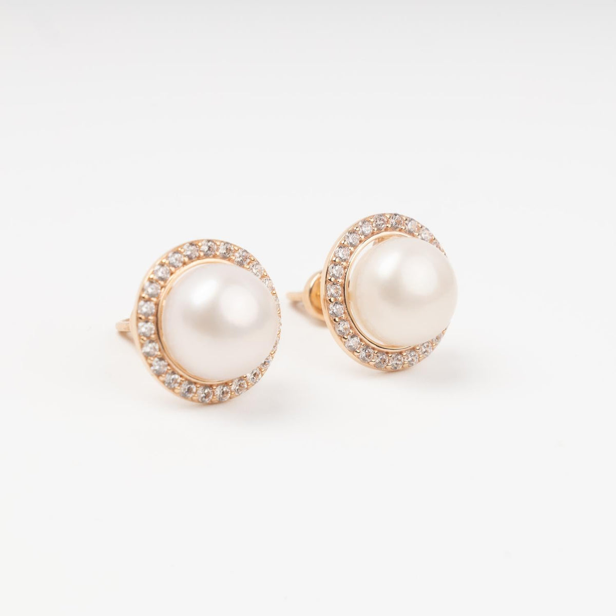 Rose Gold Pearl Stud Earrings with Cubic Zirconia Halo | Ukrainian Jewelry