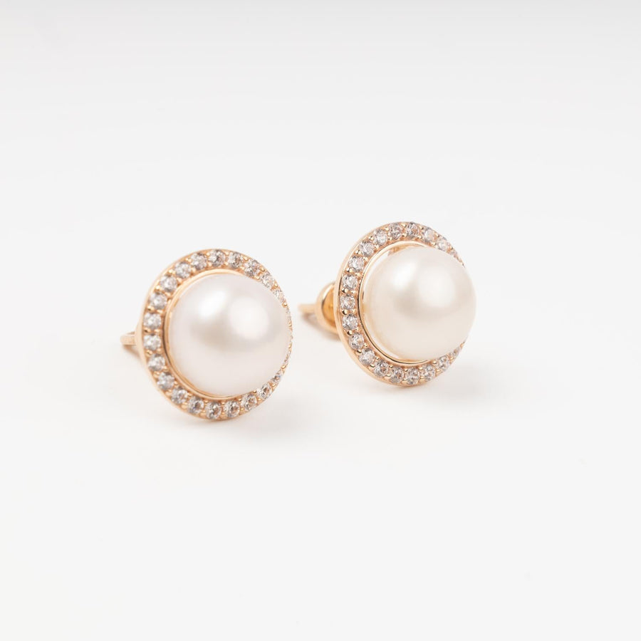 Rose Gold Pearl Stud Earrings with Cubic Zirconia Halo | Ukrainian Jewelry
