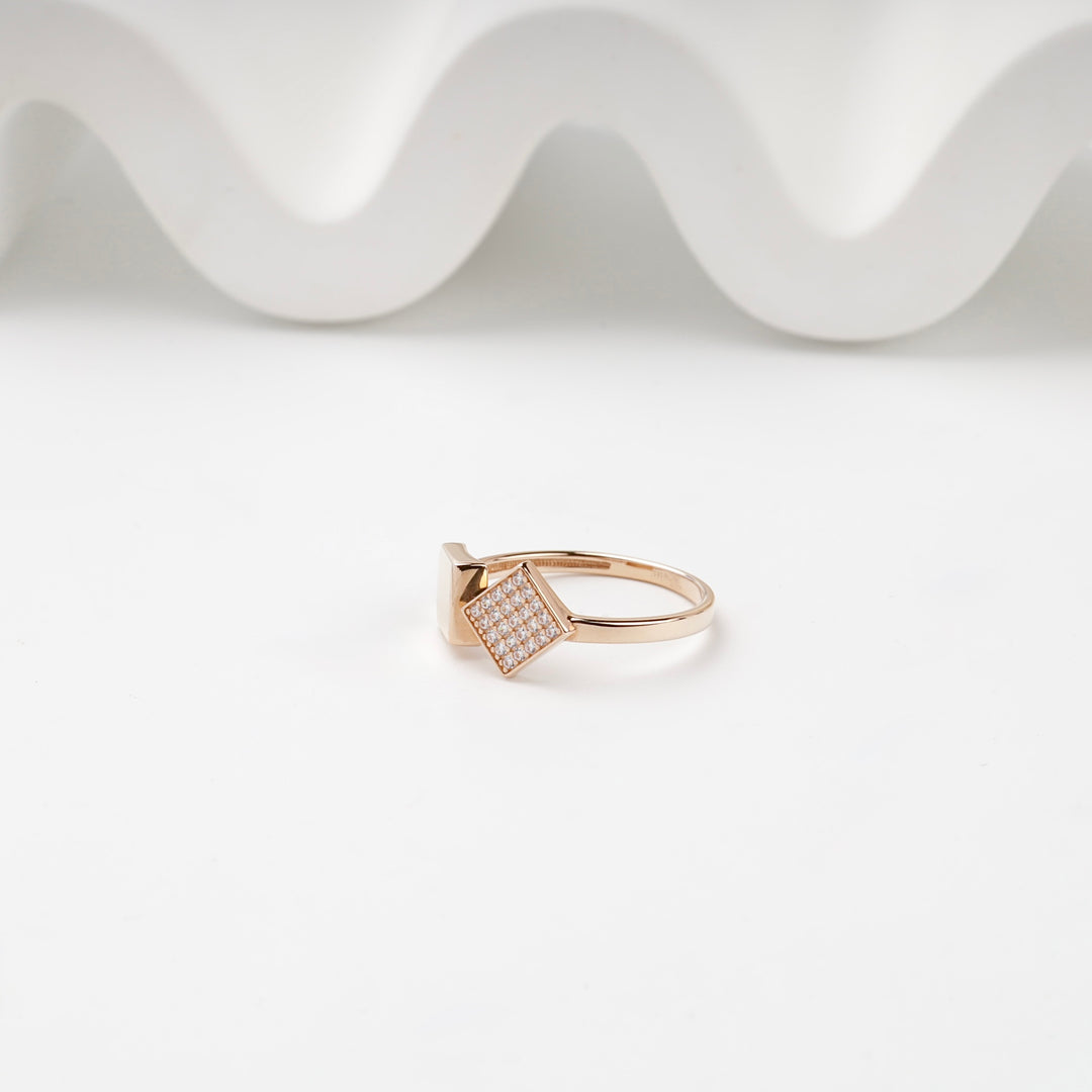 Open Square Ring with Cubic Zirconia | 14K Rose Gold (585) — angled view