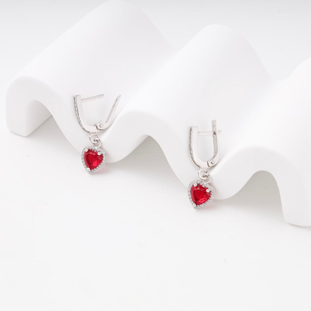 Silver 925 Red Heart Drop Earrings with CZ Halo | Ukrainian Jewelry