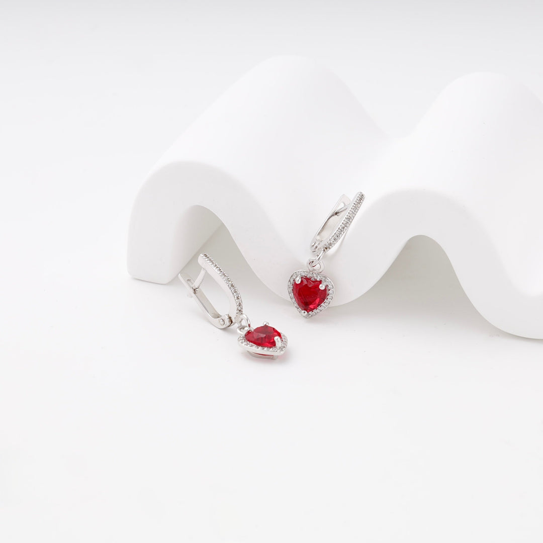 Silver 925 Red Heart Drop Earrings with CZ Halo | Ukrainian Jewelry