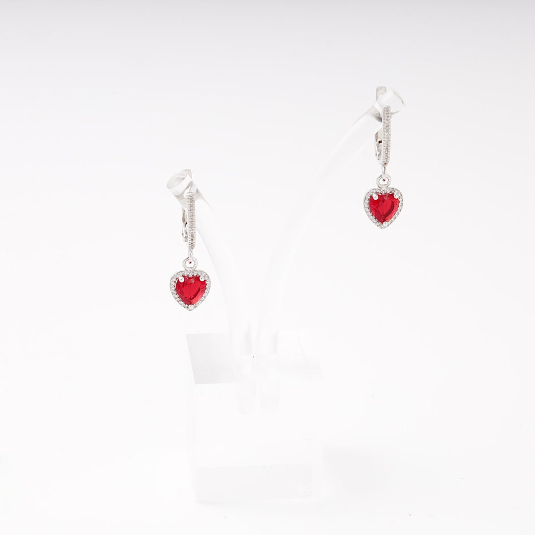 Silver 925 Red Heart Drop Earrings with CZ Halo | Ukrainian Jewelry