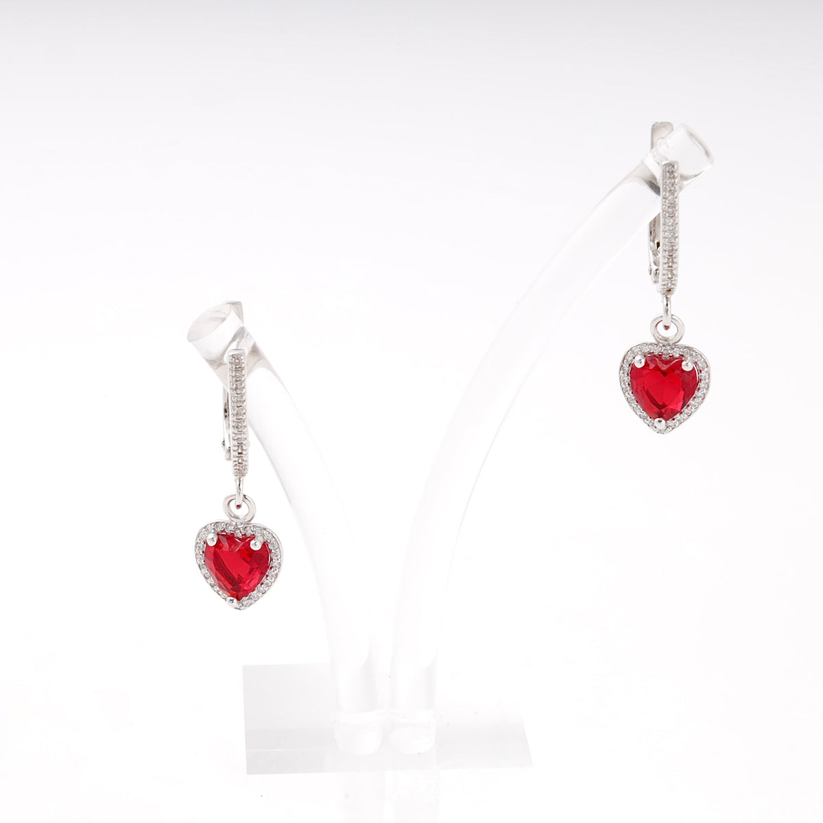 Silver 925 Red Heart Drop Earrings with CZ Halo | Ukrainian Jewelry